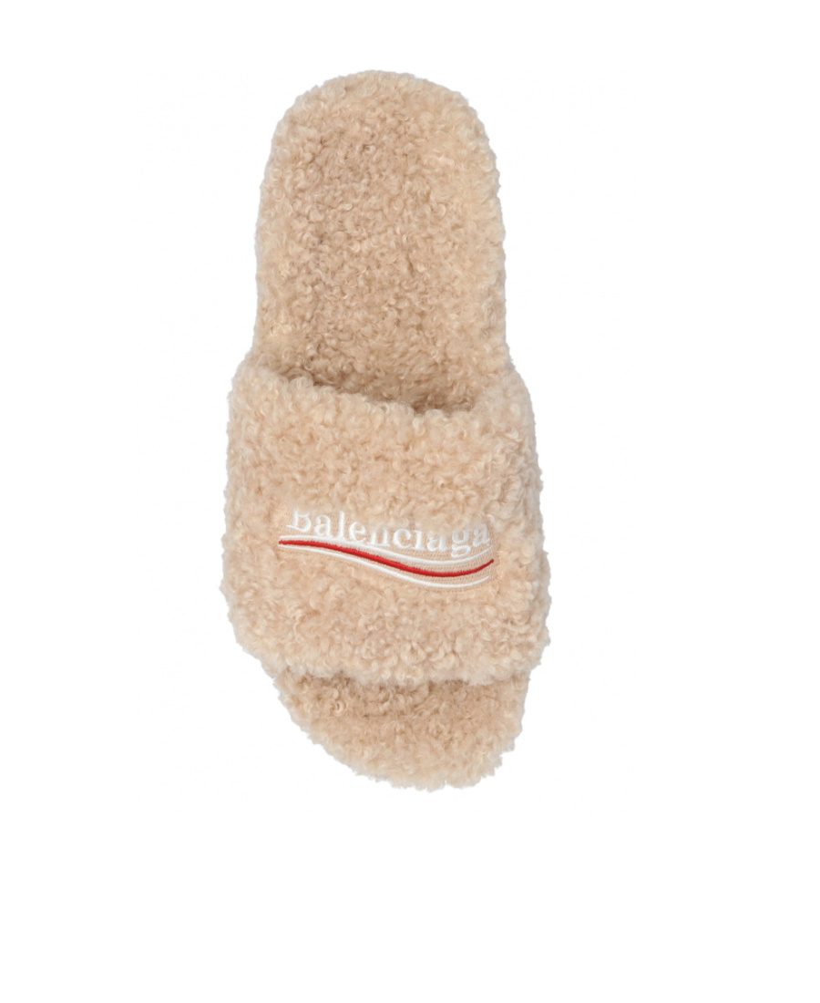 Balenciaga Campaign-logo Faux-shearling Slides In Nude
