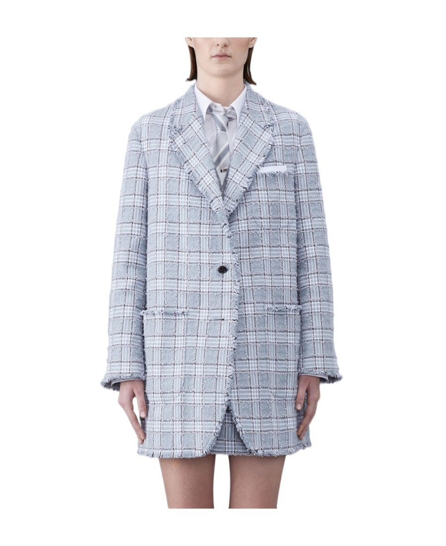 Thom Browne Frayed-check Single-breasted Blazer In Blue