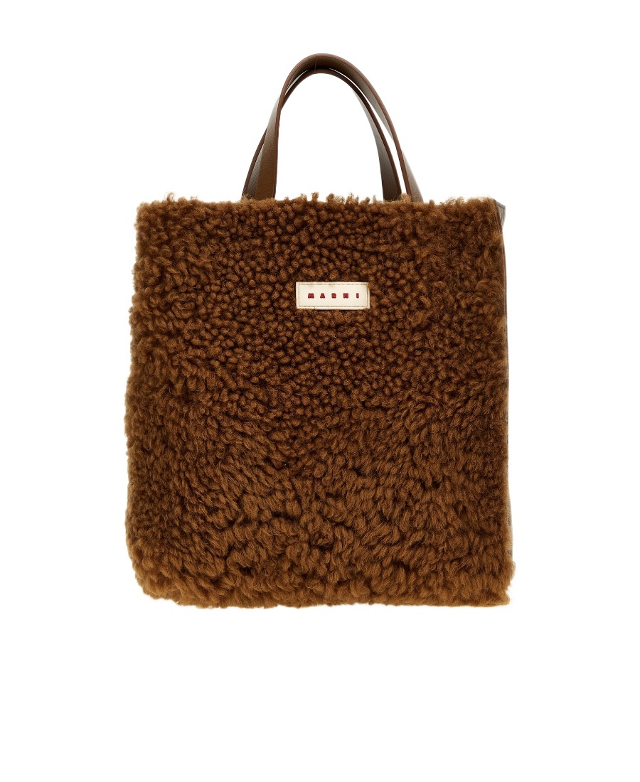 Marni Logo-patch Shearling Tote Bag In Brown