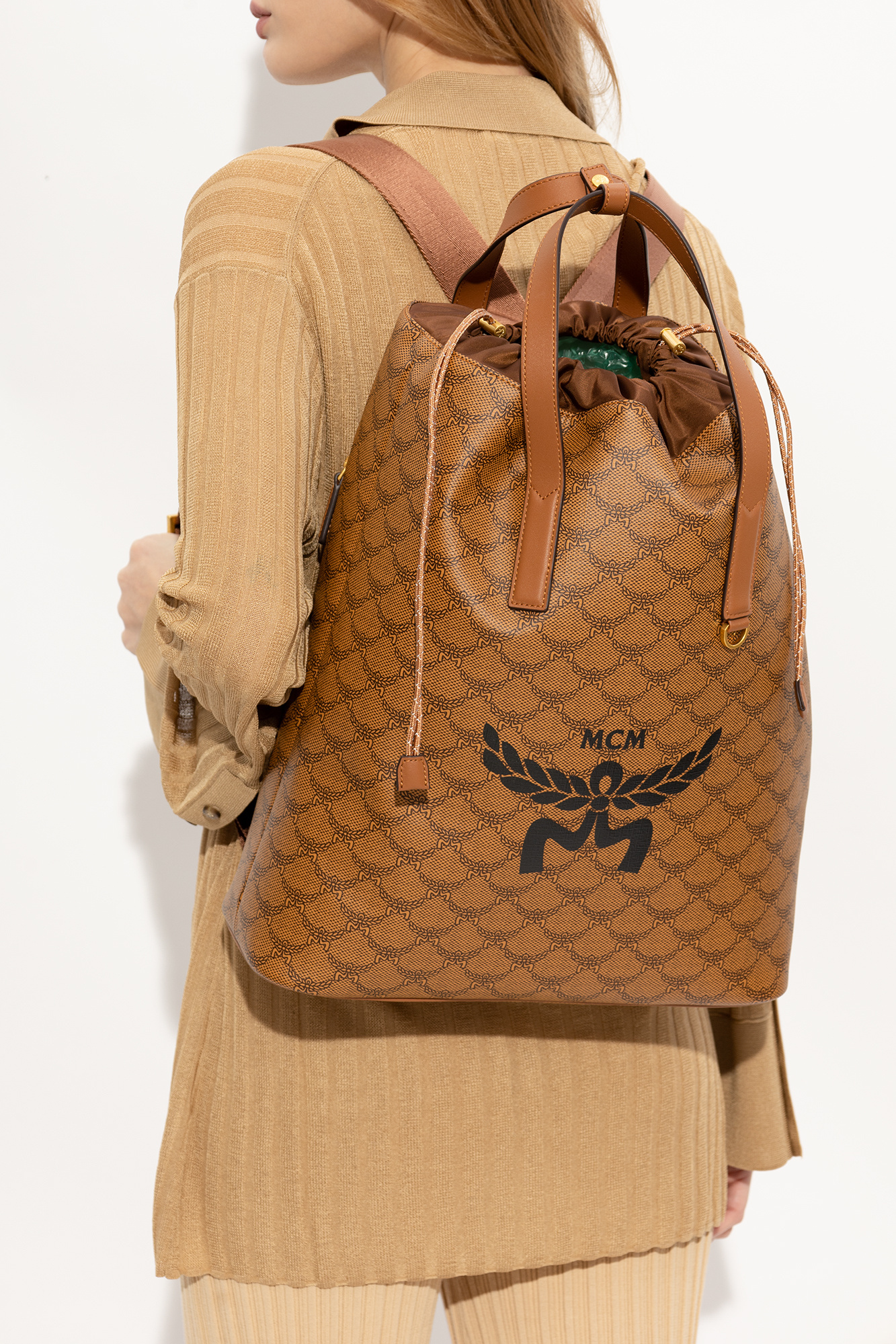 Mcm Himmel Lauretos Backpack With Drawstring Closure And Natural Nappa Leather Finishes In Brown