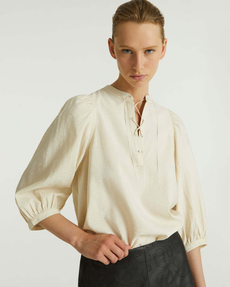 Yves Salomon Tie-neck Silk Seersucker Blouse In Nude