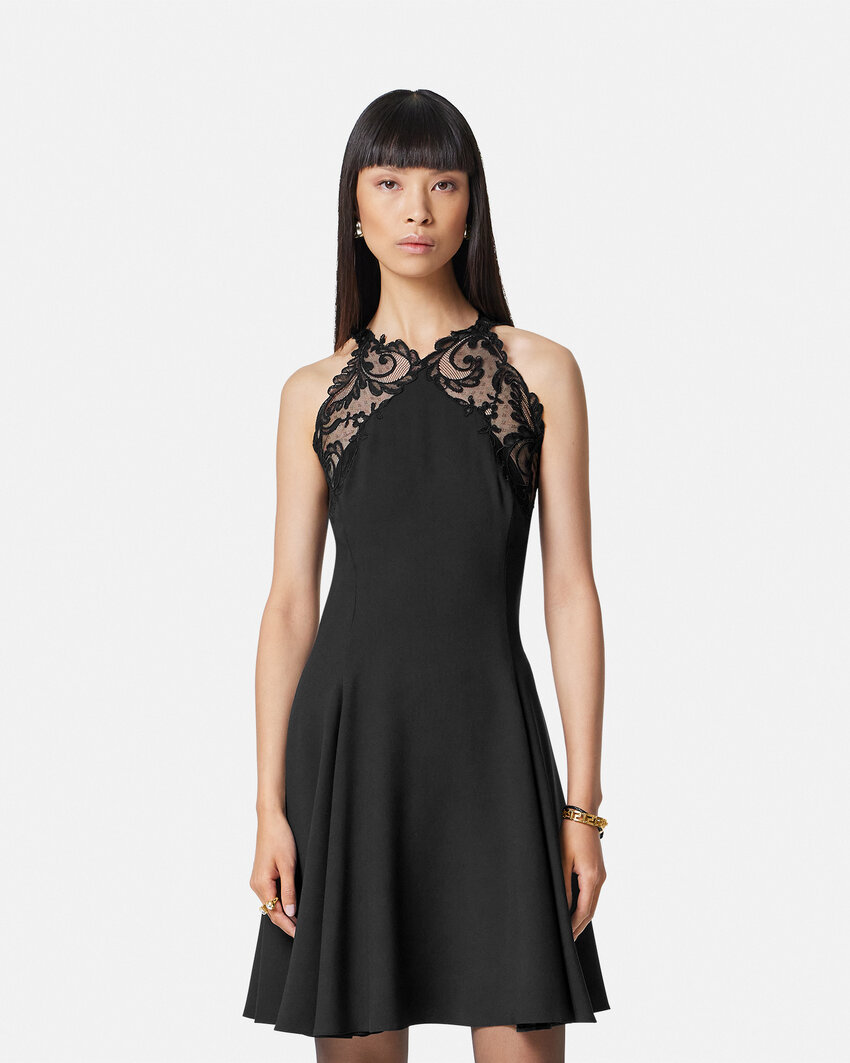 Versace Barocco-lace Trim Halterneck Minidress In Black