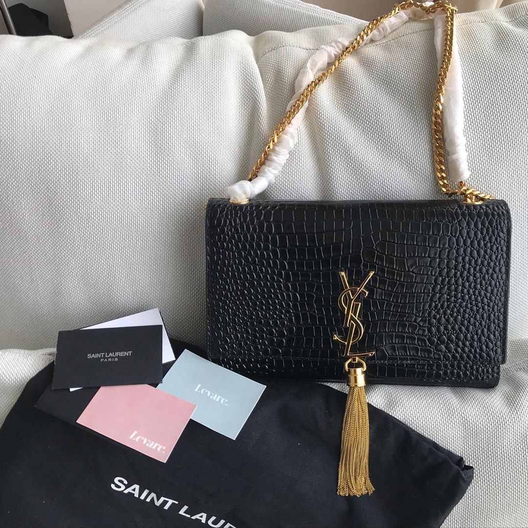 Saint Laurent Kate Crocodile-effect Shoulder Bag In Black