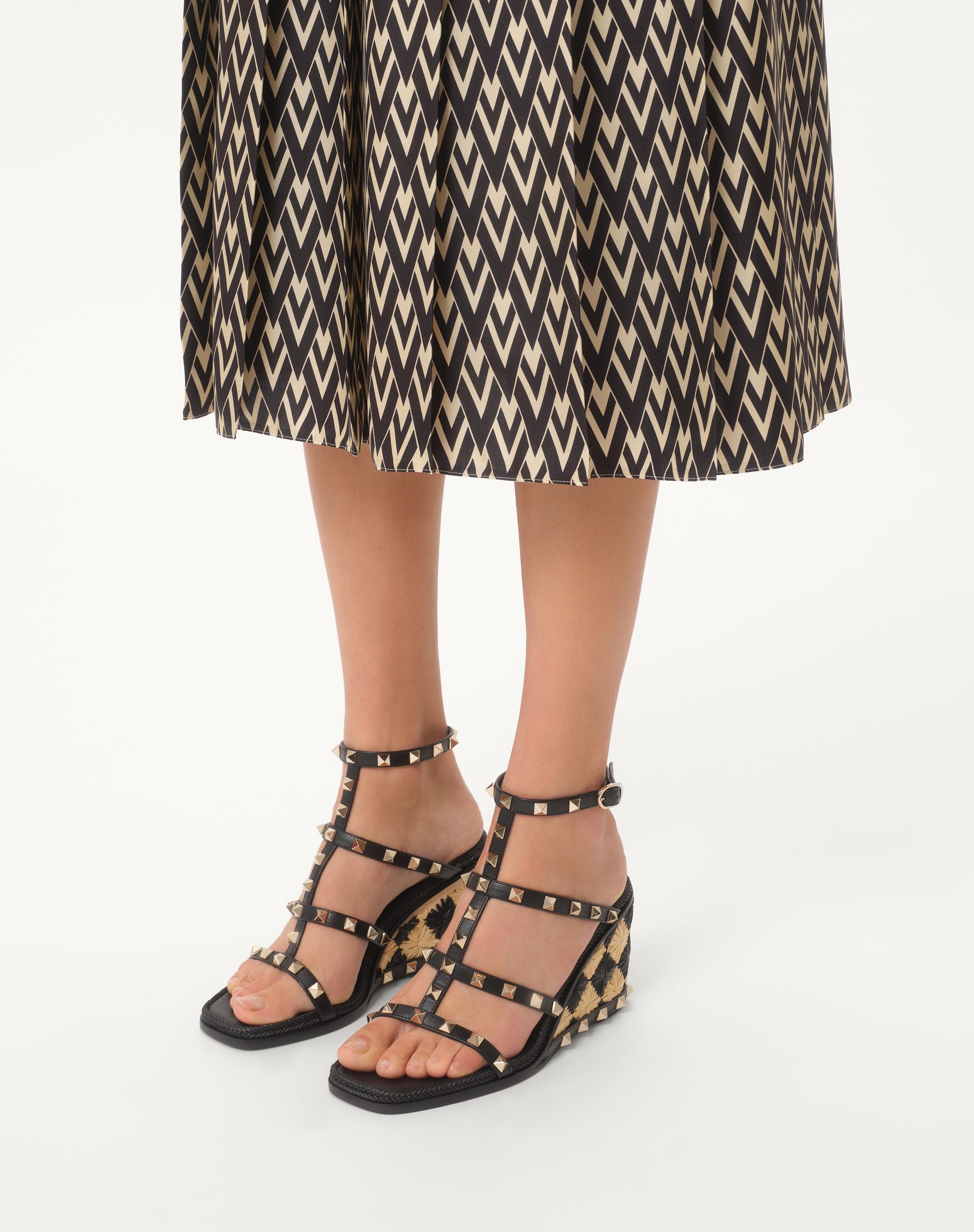 Valentino Rockstud Caged 90 Leather Ankle Strap Wedge Sandal In Black