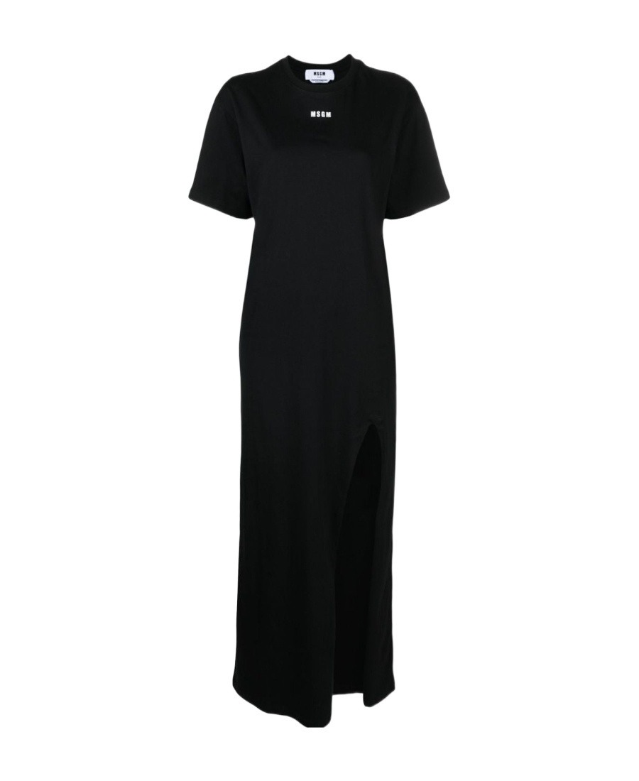 Msgm Crew Neck Long Dress With Side Slit In Black