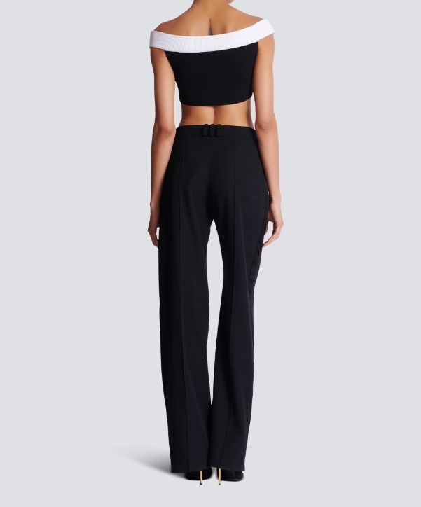 Balmain Two-tone Knit Cropped Top With Double Neckline In White