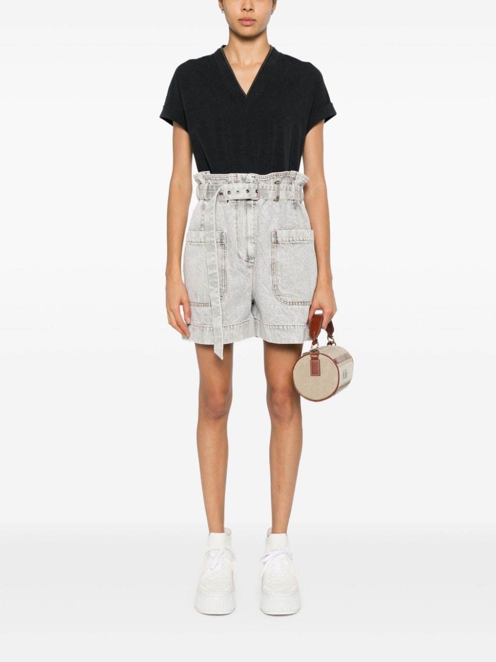 Brunello Cucinelli Black V-neck T-shirt With Monile Detail In Stretch Cotton Woman In Black