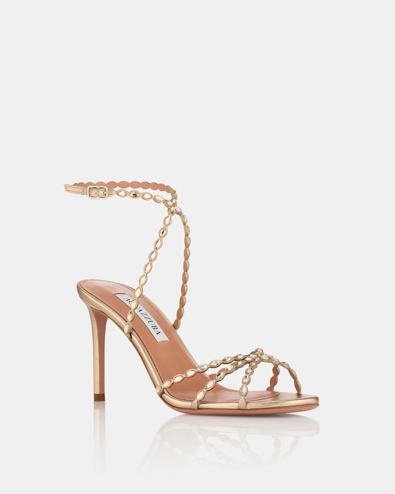Aquazzura 85mm Love Struck Scalloped Strap Metallic Sandals In Brown