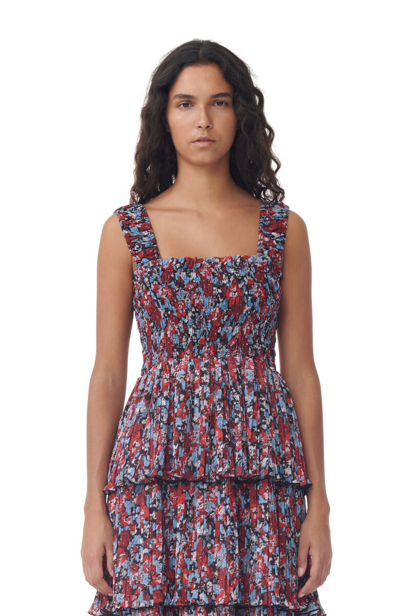 Ganni Red Pleated Georgette Flounce Smock Midi Dress In Red