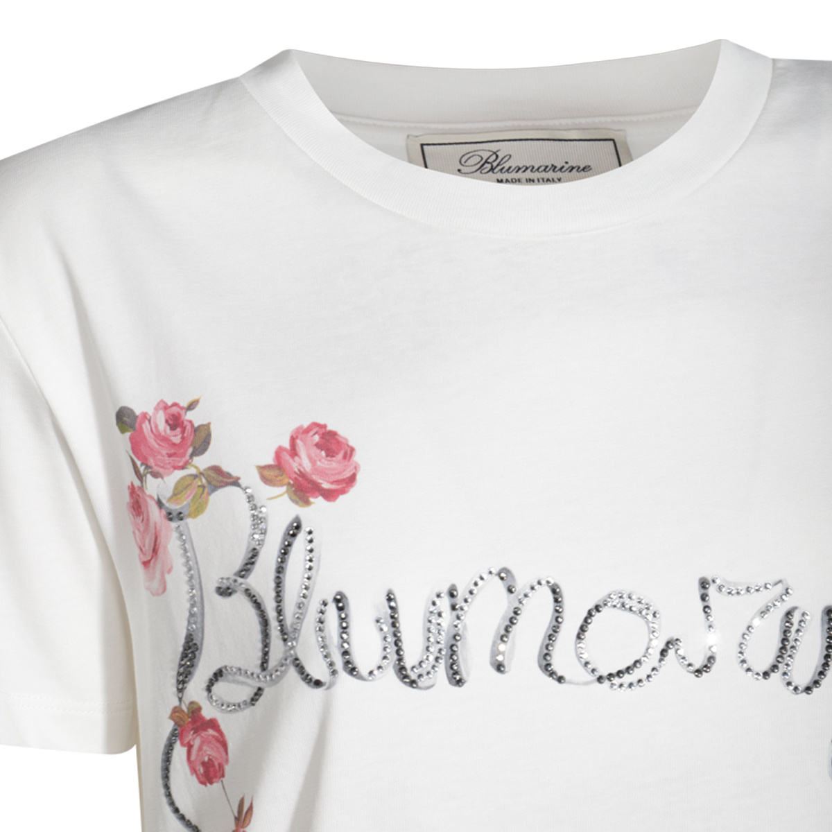 Shop Blumarine Logo Embellished Floral Printed T-shirt In White