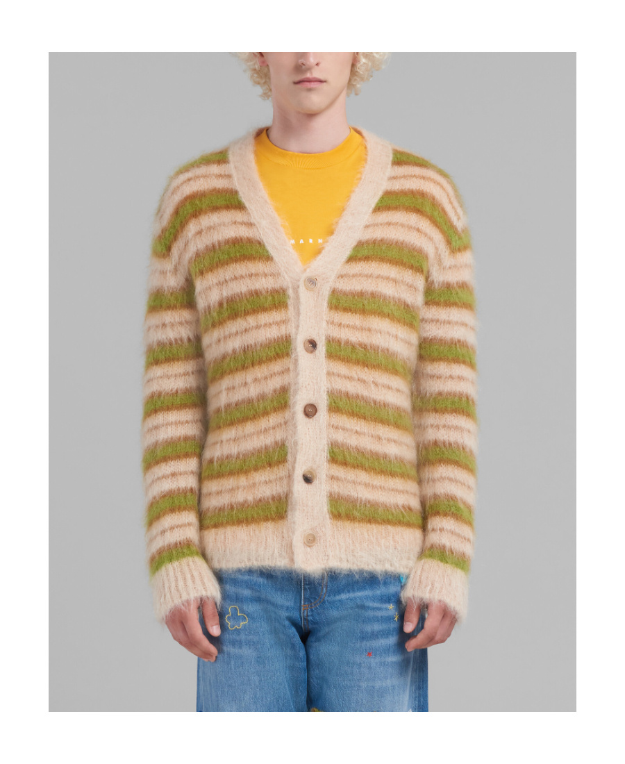 Marni Brushed Cardigan In Striped Mohair In Nude