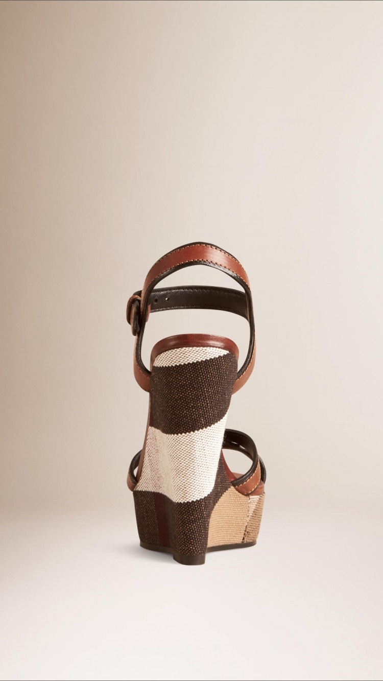 Burberry Check Buckle Wedge Sandals In Brown