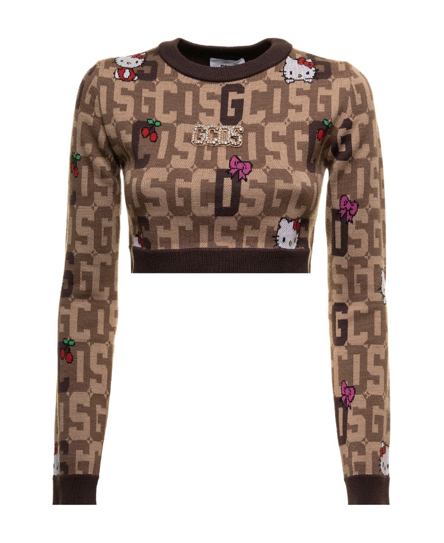 Gcds Cropped Sweater In Mixed Wool Knit With Logo Plate, Hello Kitty And Logo In Contrastingh Jacquard Gc In Brown