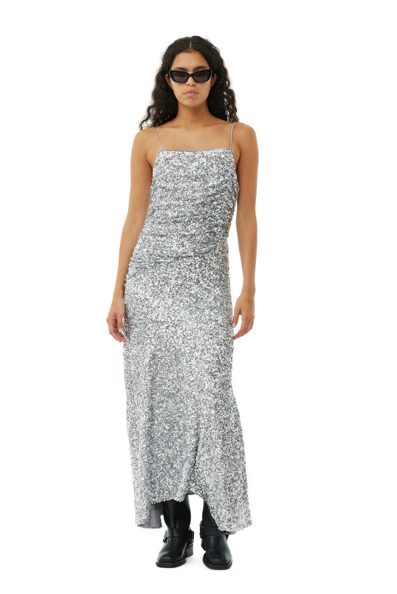 Ganni All-over Metallic Embellished Dress In Gray