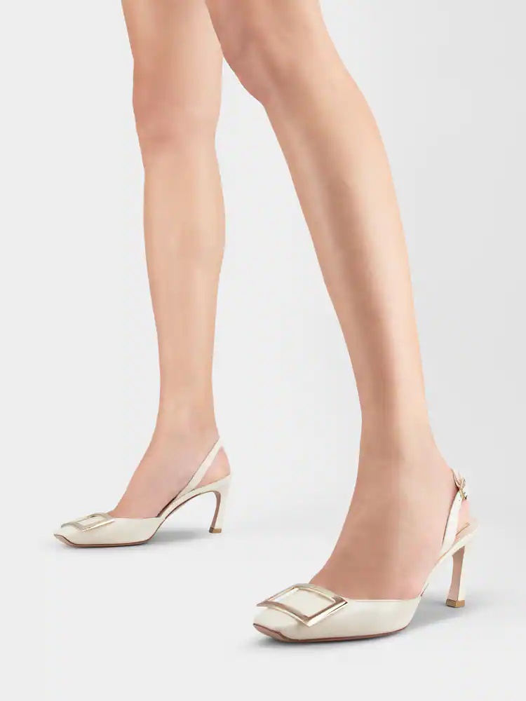 Roger Vivier Trompette 100 Metal Buckle Slingback Pumps In Leather In White