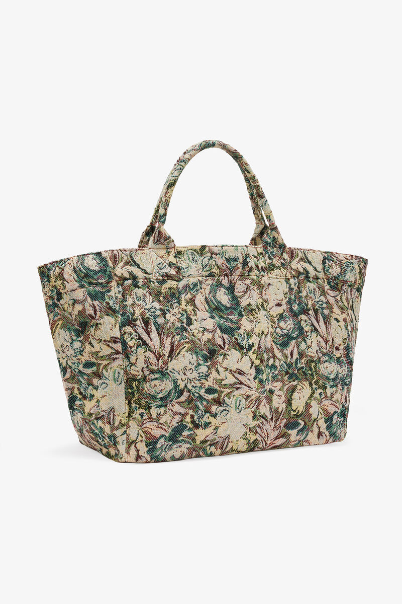 Ganni Large Floral-pattern Tapestry-effect Tote Bag In Brown