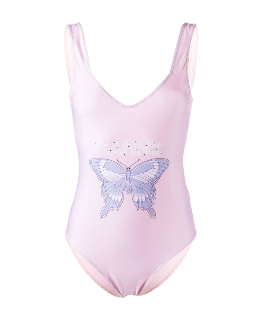 Ganni Graphic Deep Cut One Piece Swimsuit Light Lilac 38 In White