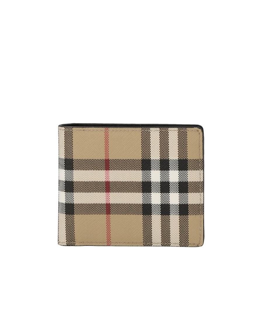 Burberry Beige Bifold Wallet With Check Motif In Techno Fabric In Nude