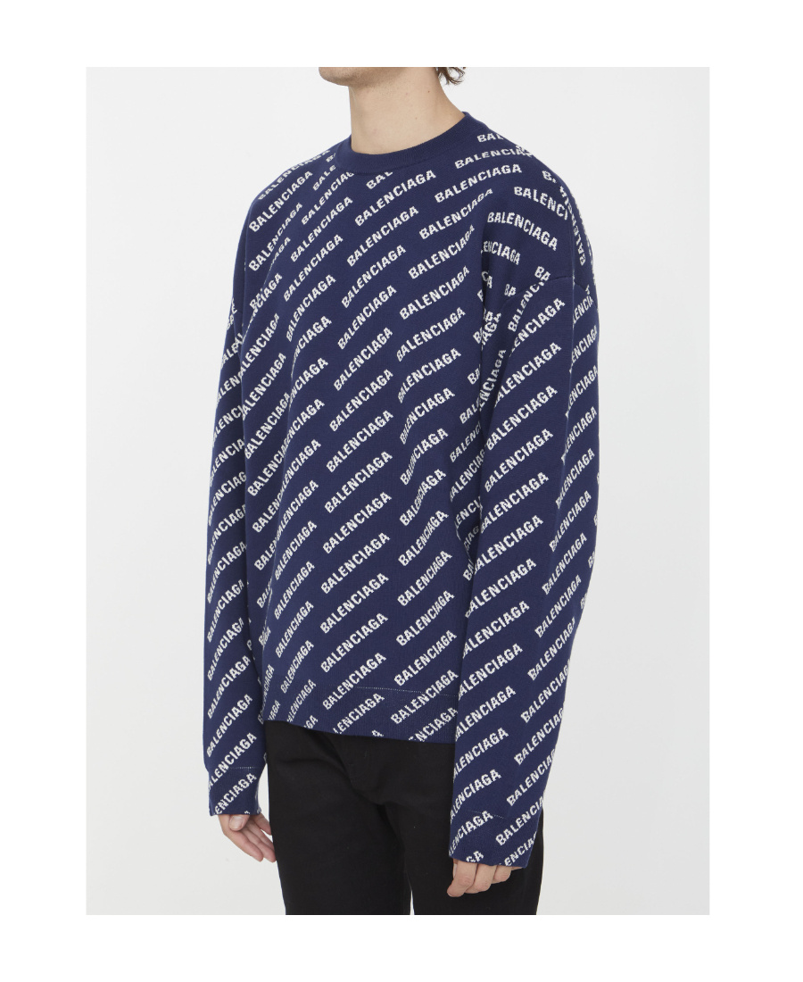 Balenciaga All-over Logo Crewneck Sweater In Blue