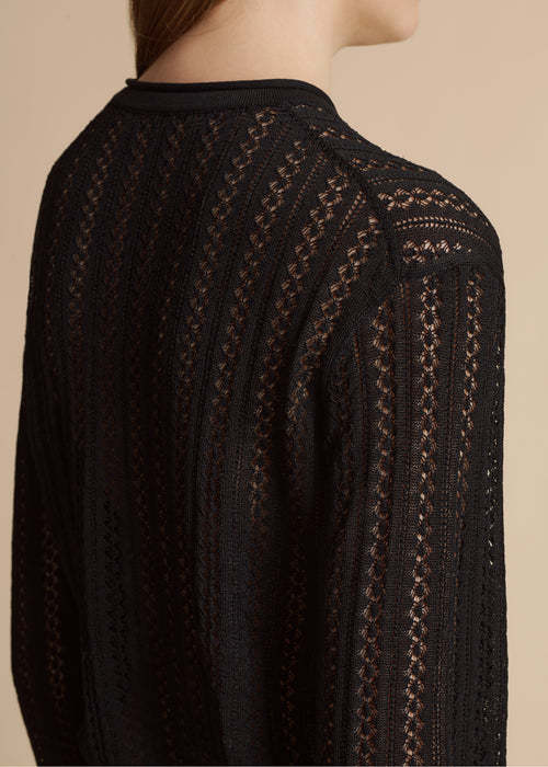Khaite Colleen Crewneck Long-sleeve Pointelle Knit Top In Black