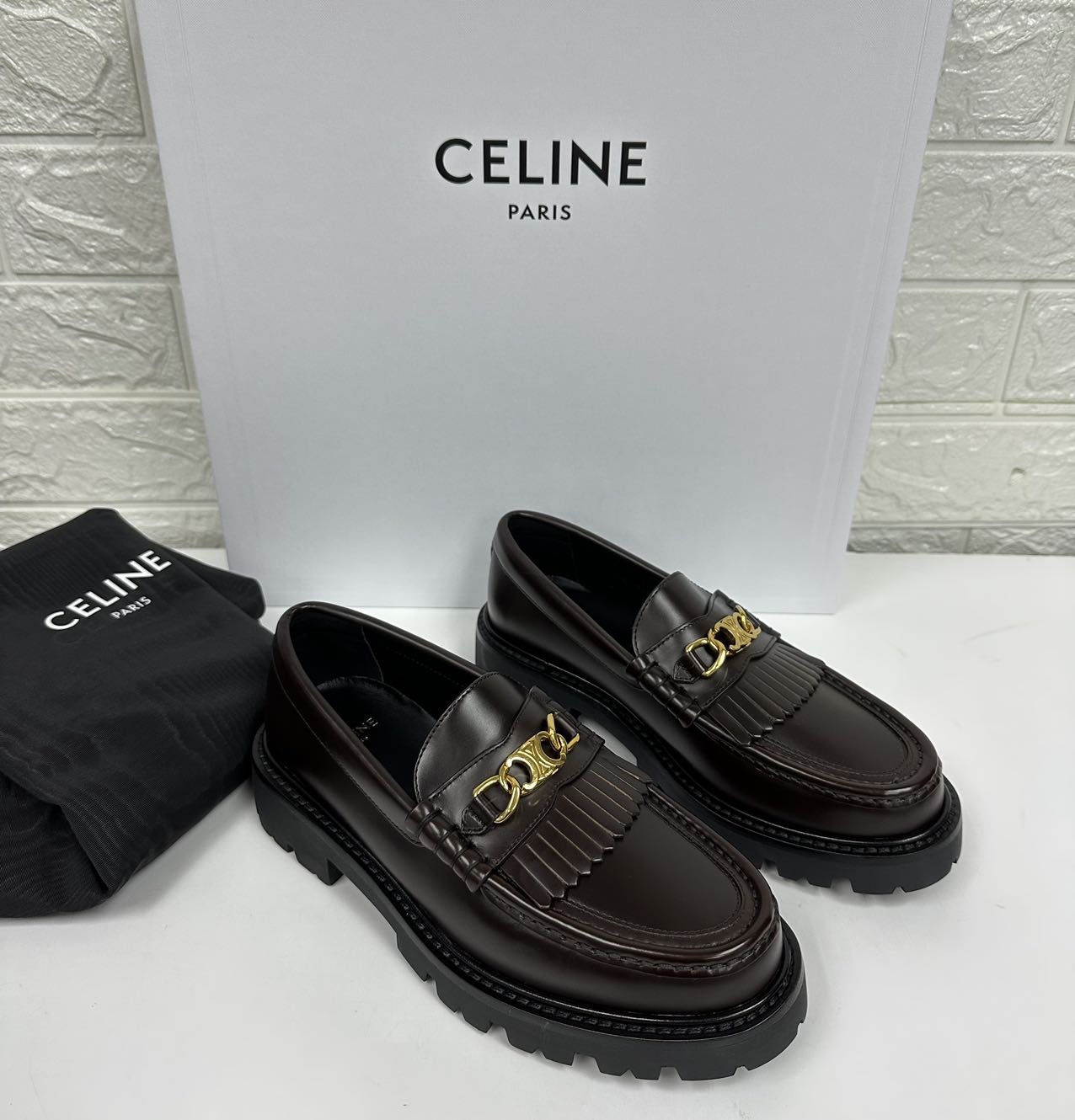 Celine Universite Triomphe Chain Leather Loafer In Black