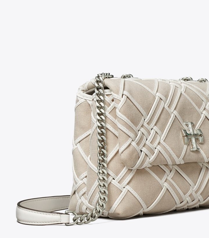 Shop Tory Burch Small Kira Woven Canvas Convertible Shoulder Bag In Nude