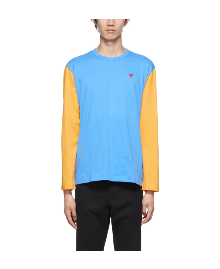 Comme Des Garçons Play Blue & Yellow Heart Long Sleeve T-shirt In Blue