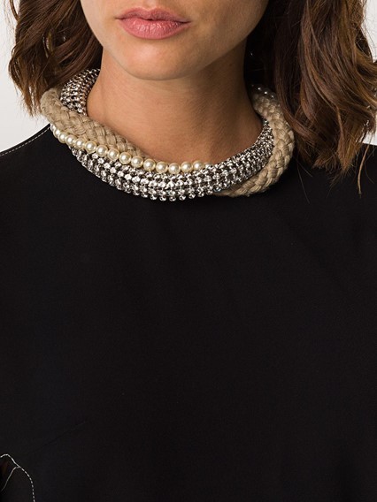 Miu Miu Woven Embellished Necklace In Gray