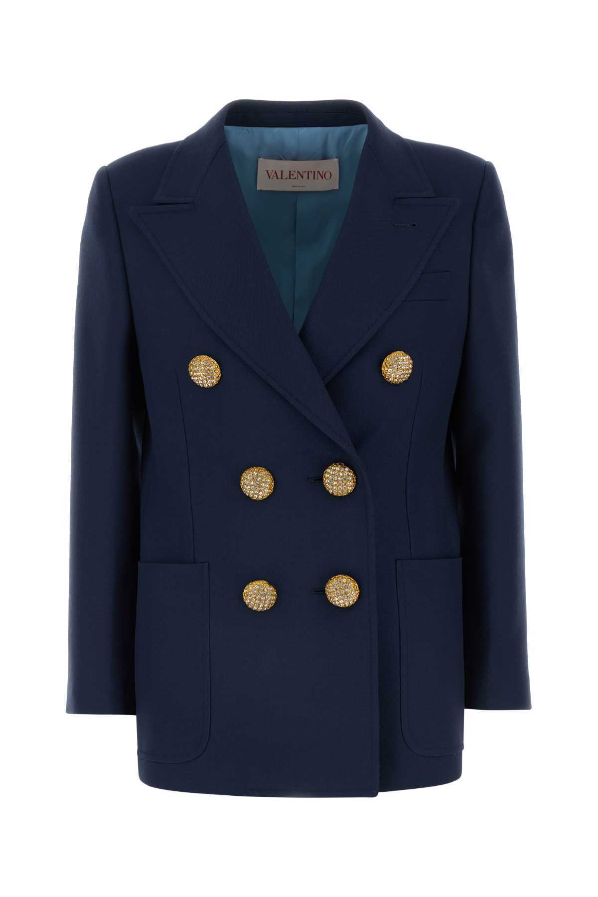 Valentino Navy Blue Wool Blazer In Black