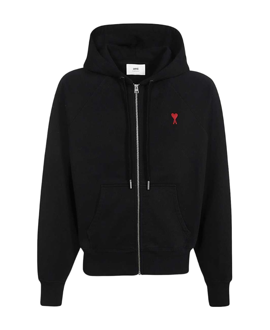 Ami Alexandre Mattiussi Zip-up Hoodie With Kangaroo Pocket And Drawstring Hood In Black