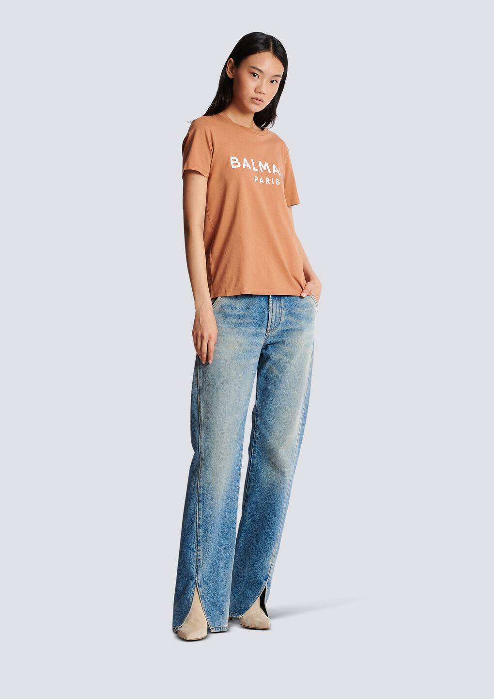 Shop Balmain Buttoned Printed Logo T-shirt In Nude