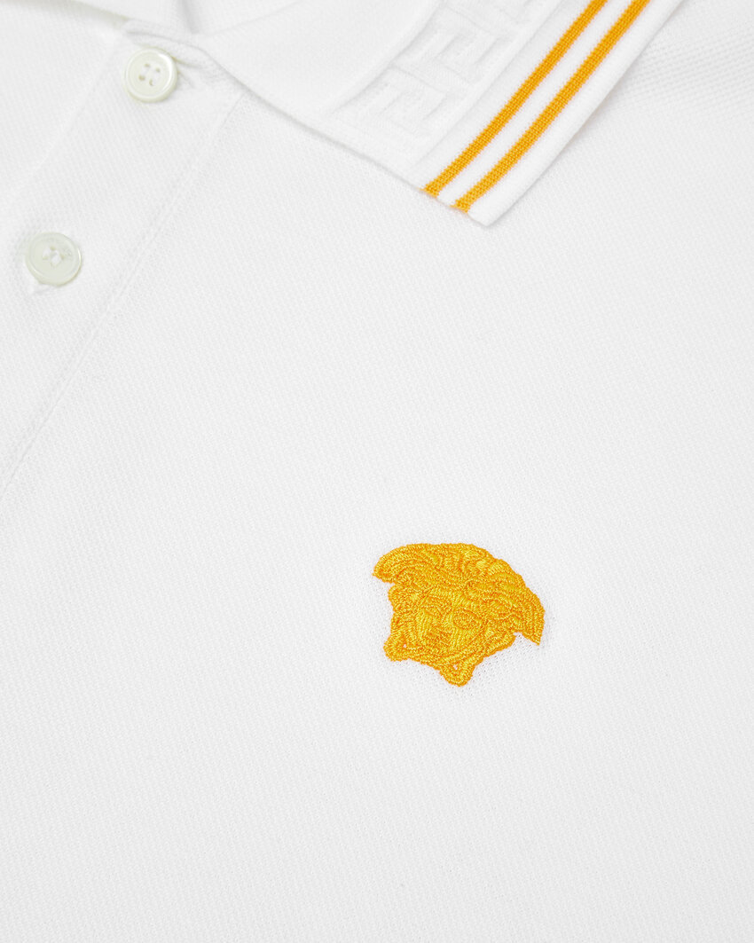 Versace White Polo Shirt With Classic Collar And Medusa Embroidery On The Front In White