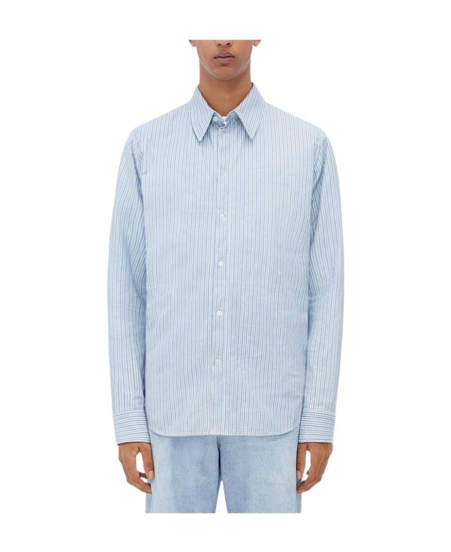 Bottega Veneta Striped Leather Shirt Cuffed Sleeves In Light Blue/white