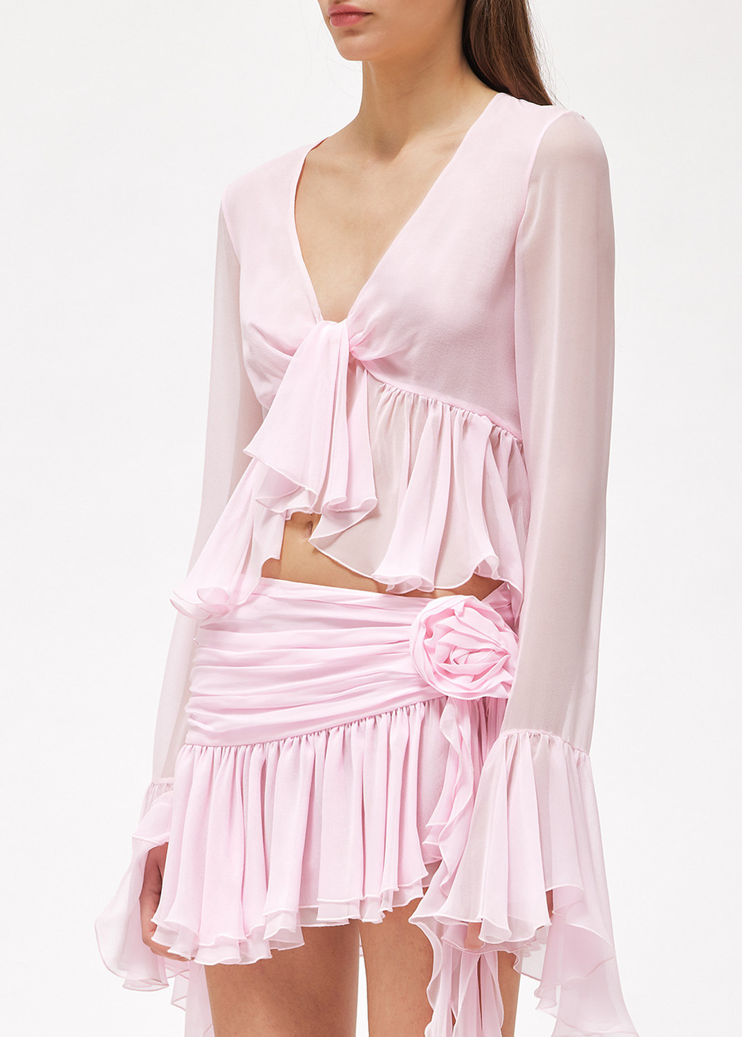 Blumarine Ruffled Long-sleeve Silk Blouse In Pink