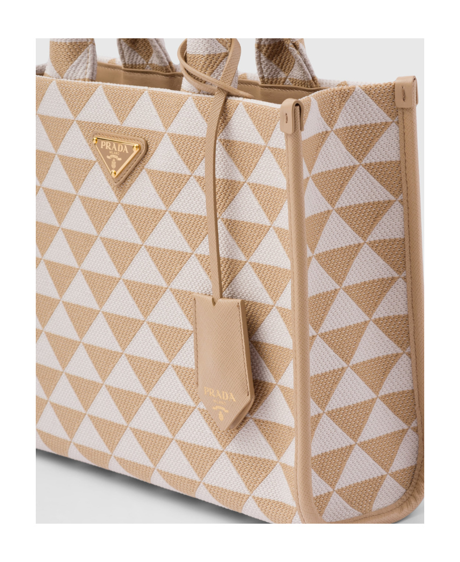 Shop Prada Small Symbole Embroidered Fabric Handbag In Nude