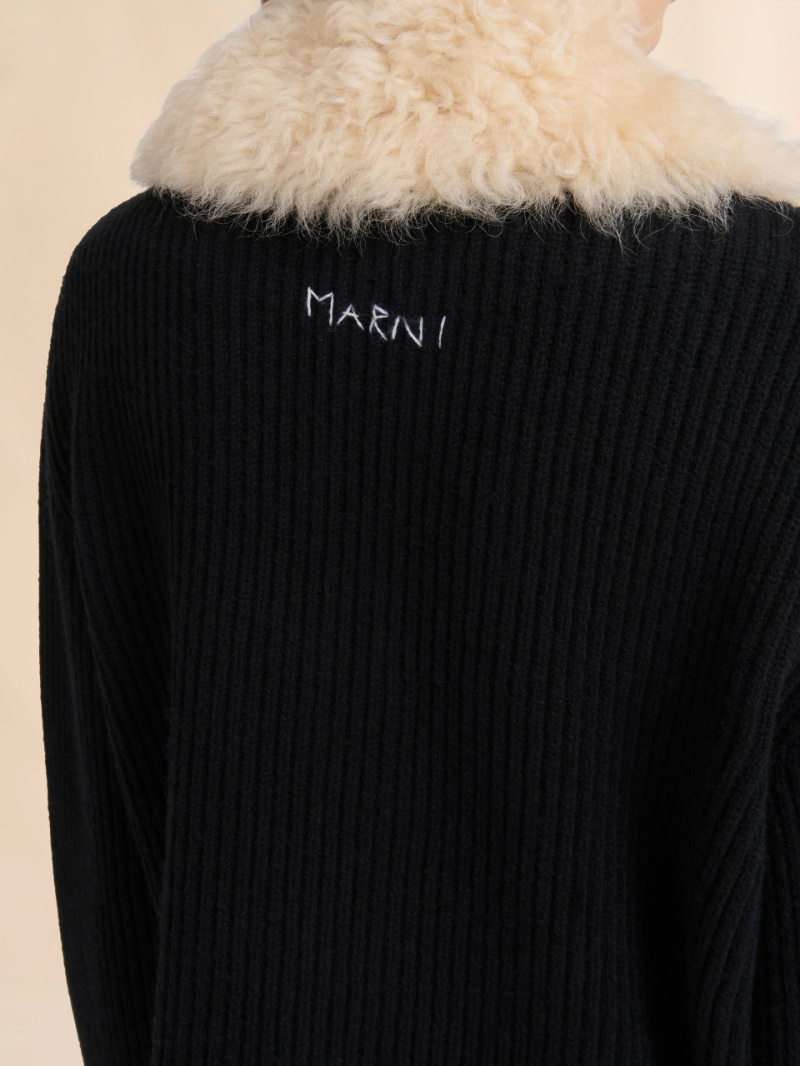 Marni Knitted Jacket With Faux Fur Collar In Black