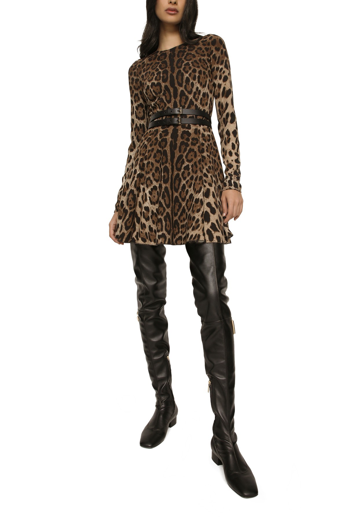 Dolce & Gabbana Leopard-print Short Dress In Black