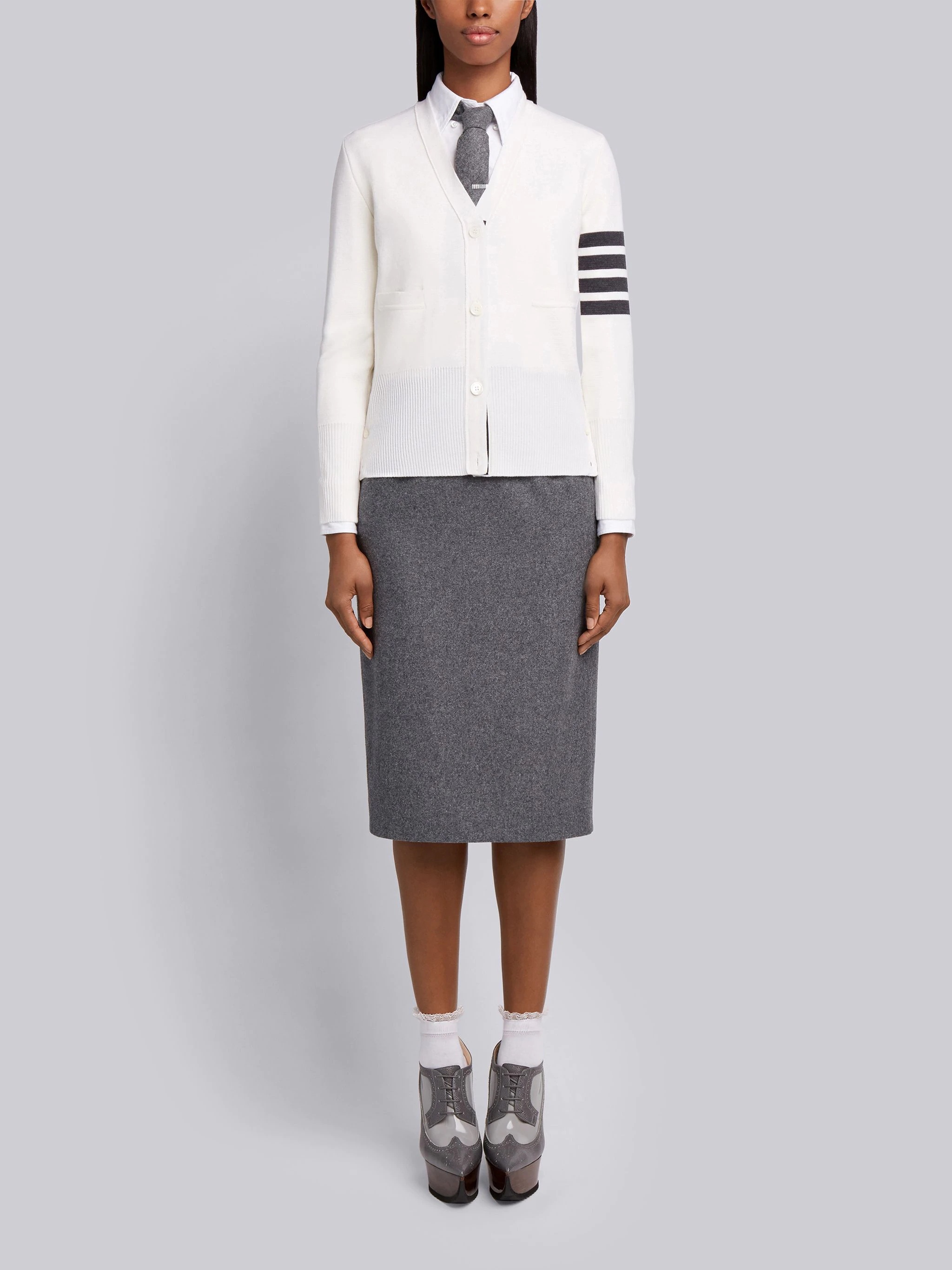 Thom Browne Milano Stitch V-neck Merino Cardigan In White