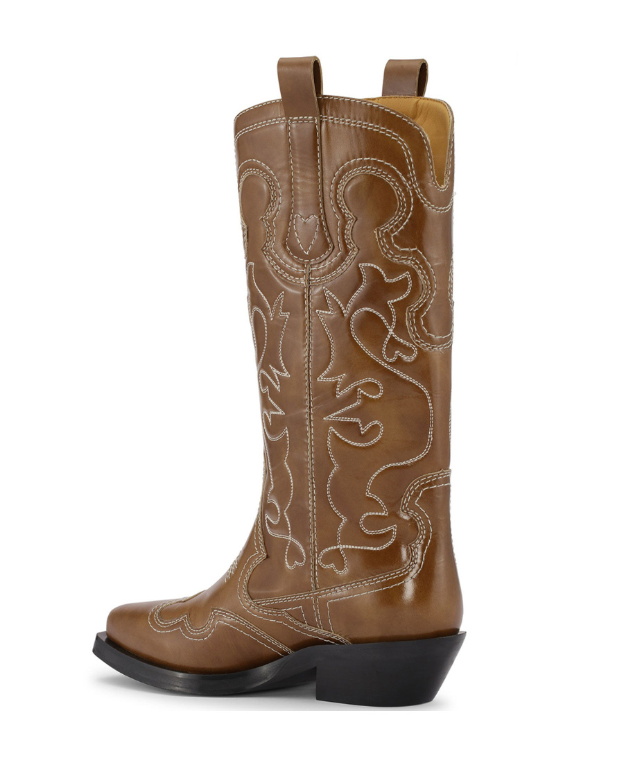 Ganni 50mm Mid-calf Western Boots In Brown