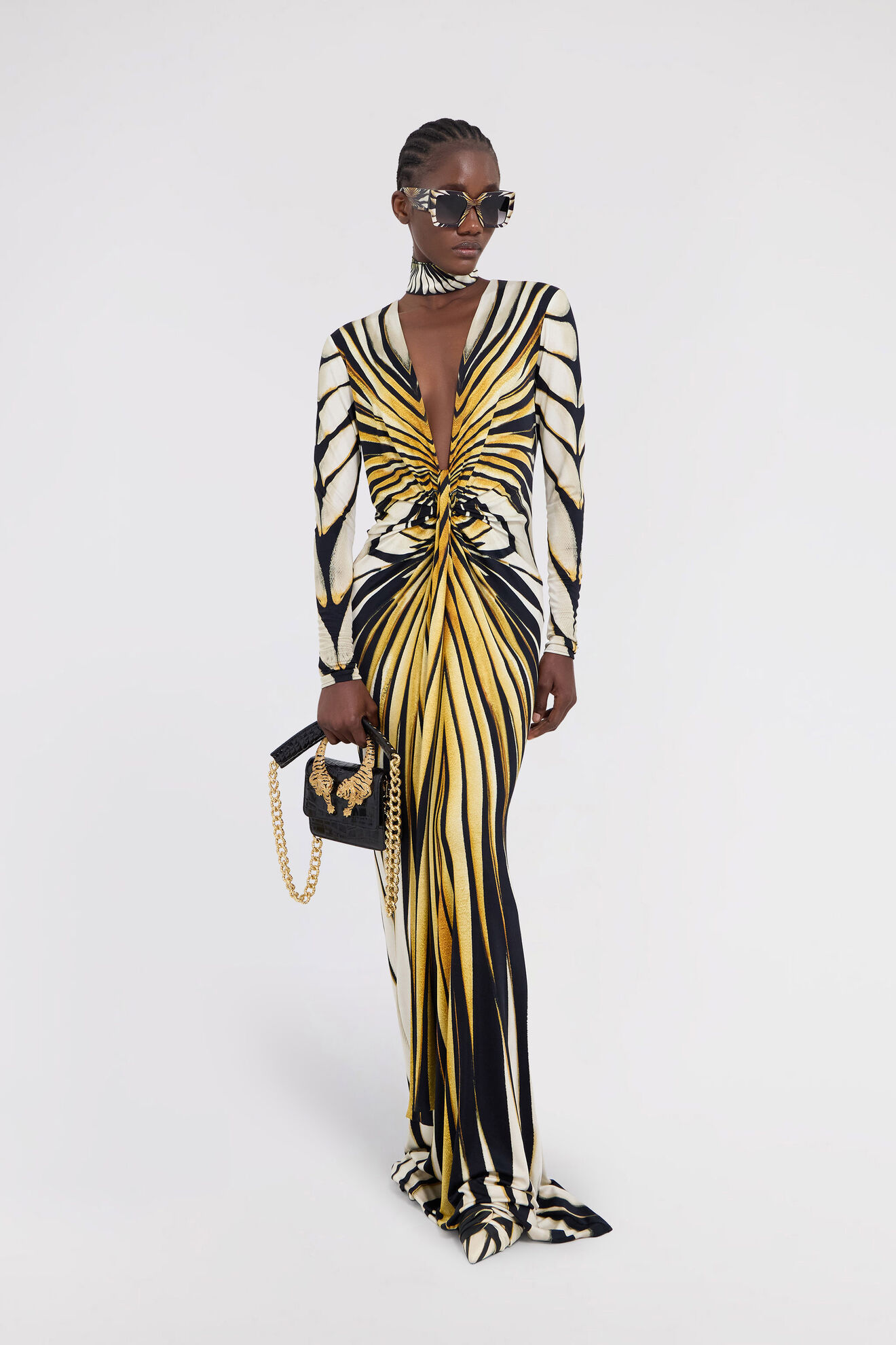 ROBERTO CAVALLI RAY OF GOLD PRINT MAXI DRESS