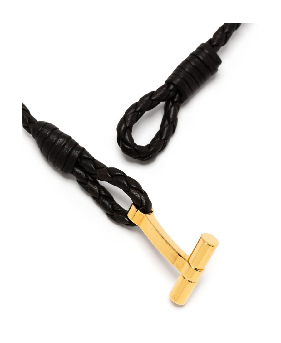 Tom Ford Leather T-plate Woven Bracelet With Braided Pattern In Black