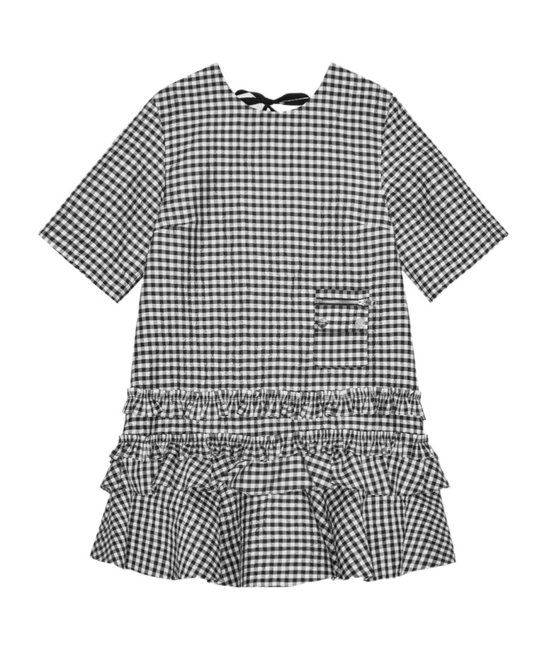 Ganni Black & White Crinkled Check Mini Dress