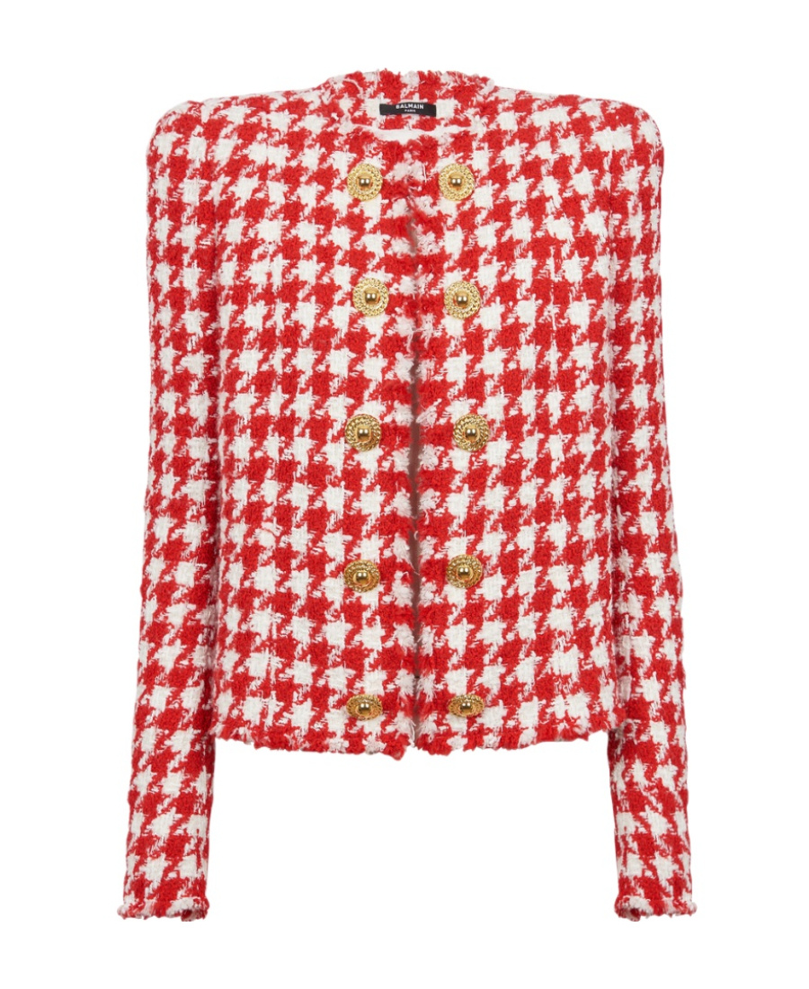 Shop Balmain Houndstooth Tweed Jacket In Red