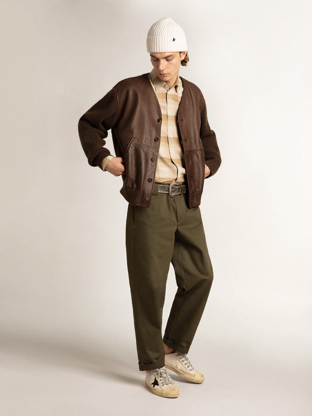 Golden Goose Check Pattern Shirt With Button-down Collar In Nude