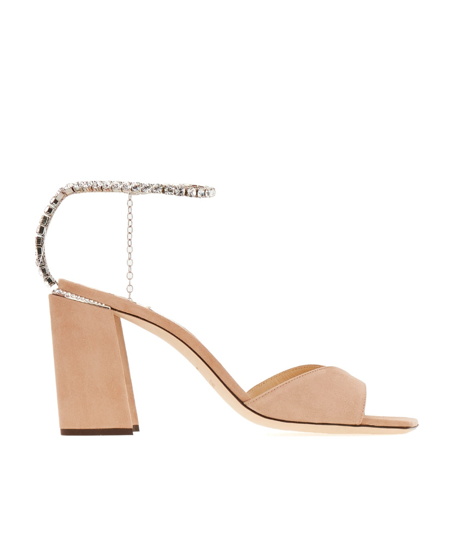 Jimmy Choo Suede Block Heel Sandals With Embellished Strap In Nude