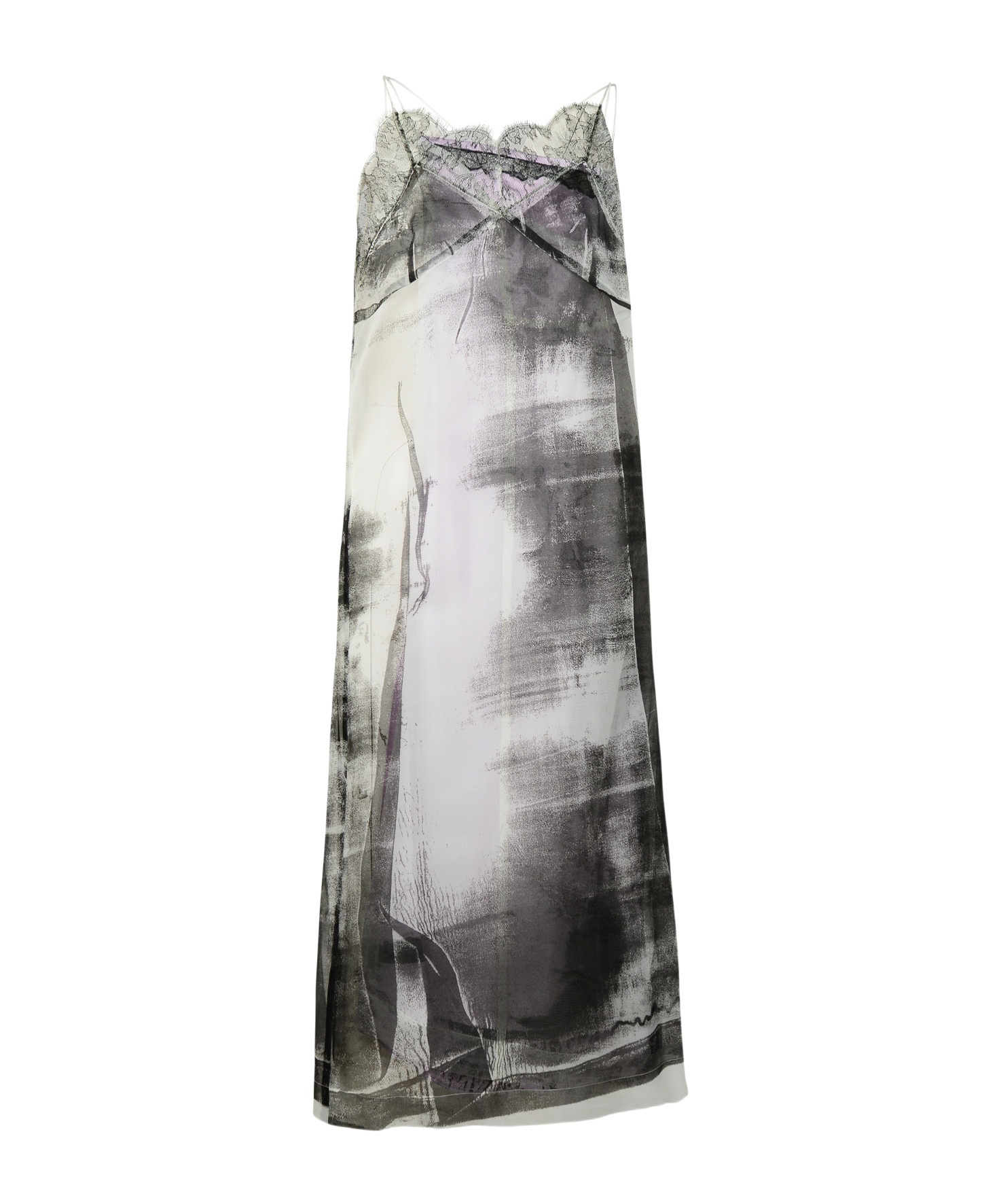 Maison Margiela Lace Trim Abstract-print Midi Slip Dress In Gray