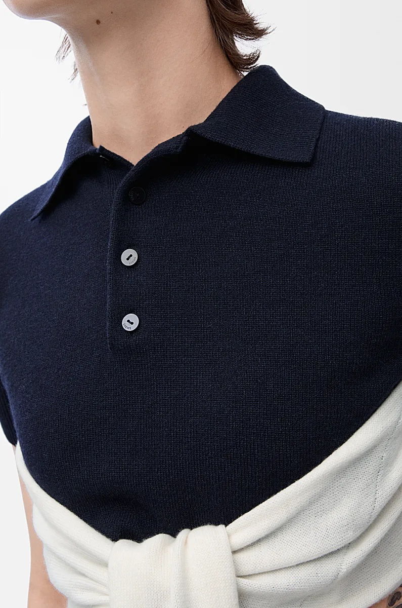 Loewe Colorblock Cropped Backless Wool Cashmere Polo Sweater With Self-tie In White