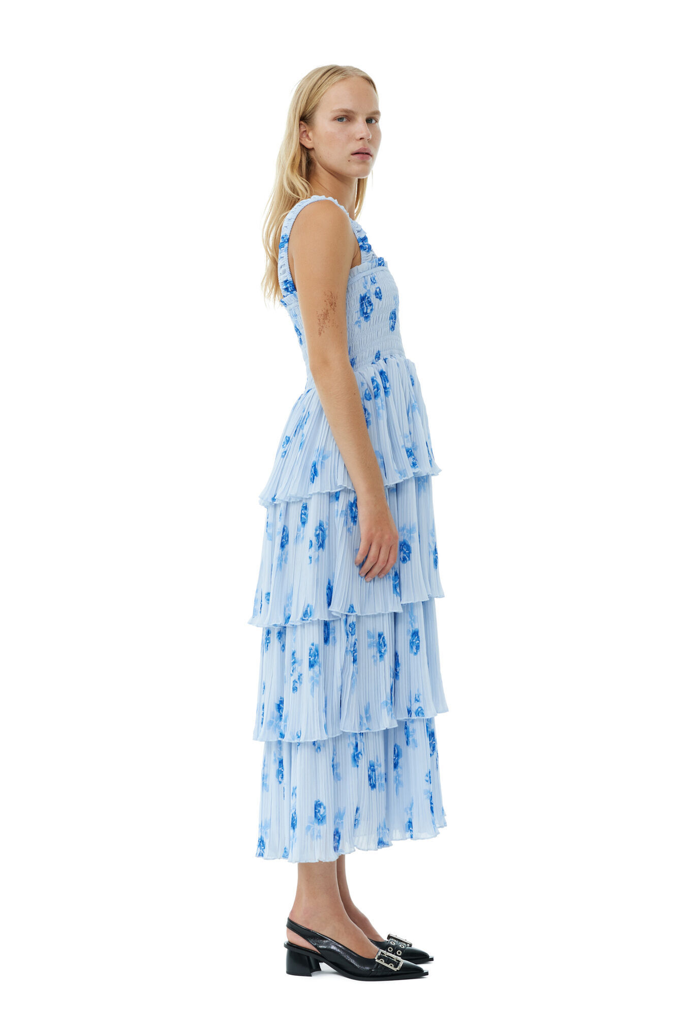 Ganni Ruffled Shirred Pleated Georgette Midi Dress In Blue