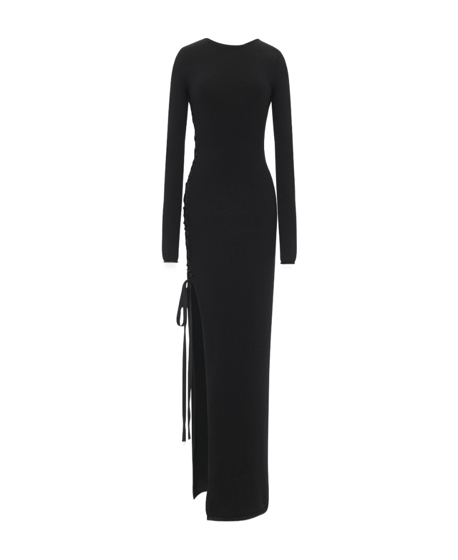 Saint Laurent Side-slit Wool Maxi Dress In Black