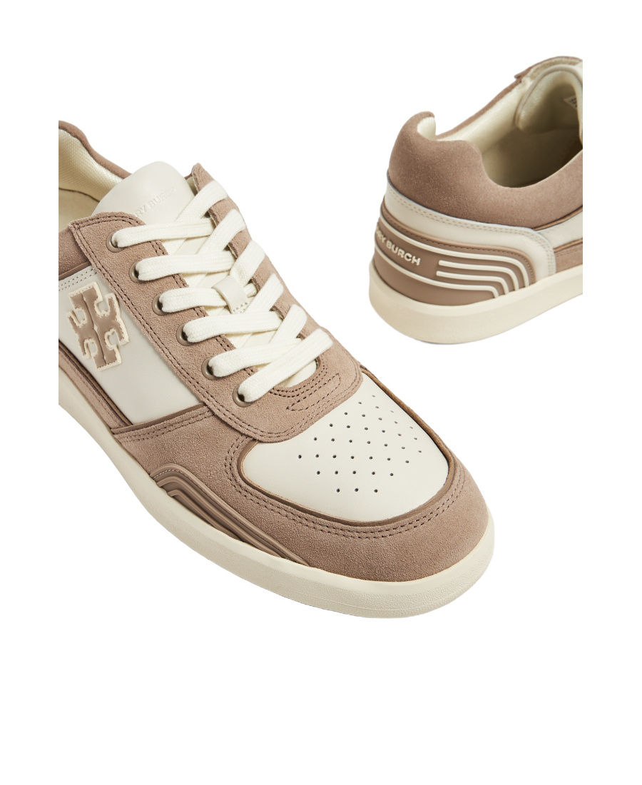 Tory Burch Clover Court Panelled Suede Sneakers In Nude